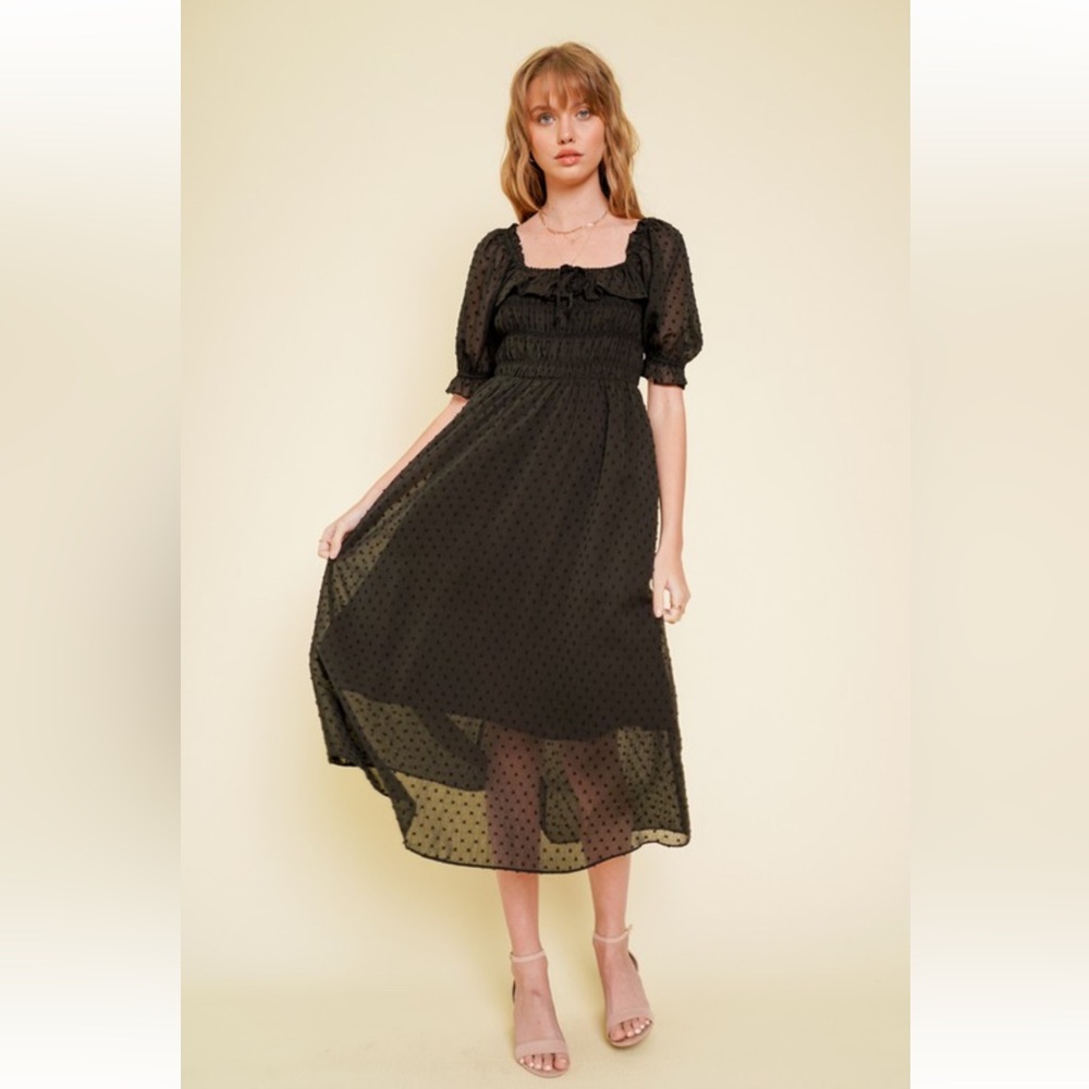719. Hem & Thread Black Chiffon Midi Dress Smocked Ruffle Sleeve NEW Item - Picture 4 of 9